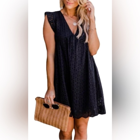 Amazon Women's Black Lace V-Neck Ruffle Sleeve Mini Dress M - Picture 3 of 9